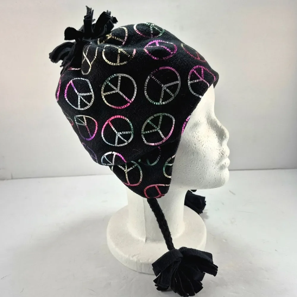 The Children's Place Black Fleece Earflap Winter Hat w/ Iridescent Peace Signs
